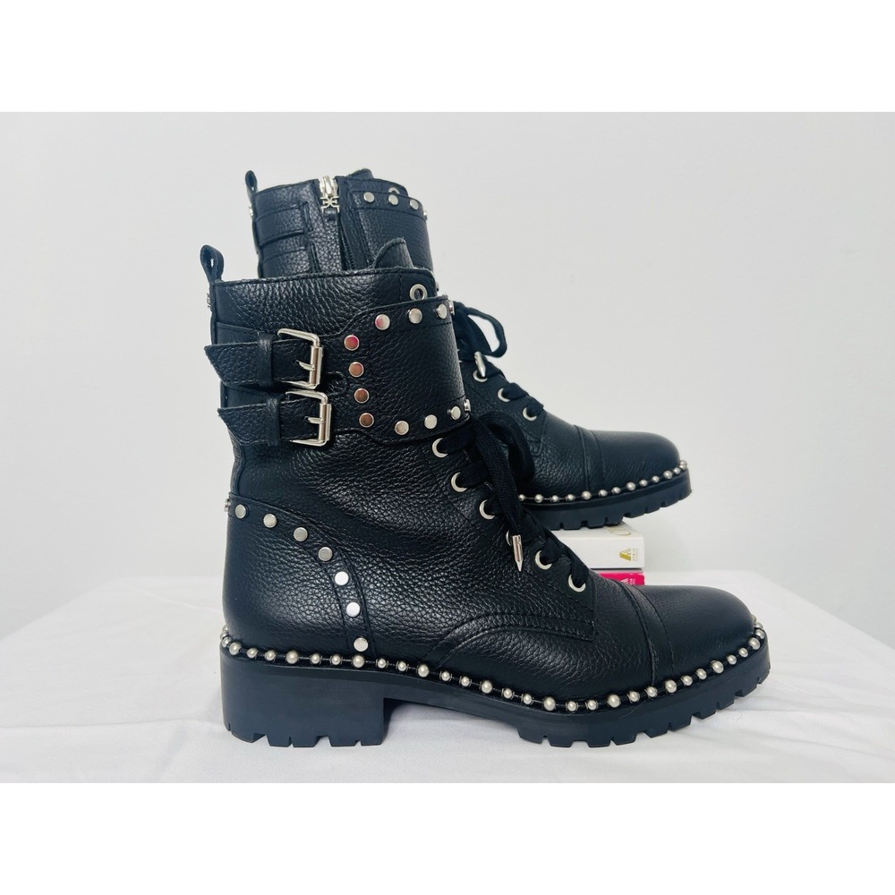 Sam Edelman Jennifer Black Leather Studded Ankle Combat Lace Up Side Zip Boots 7 - Picture 3 of 9